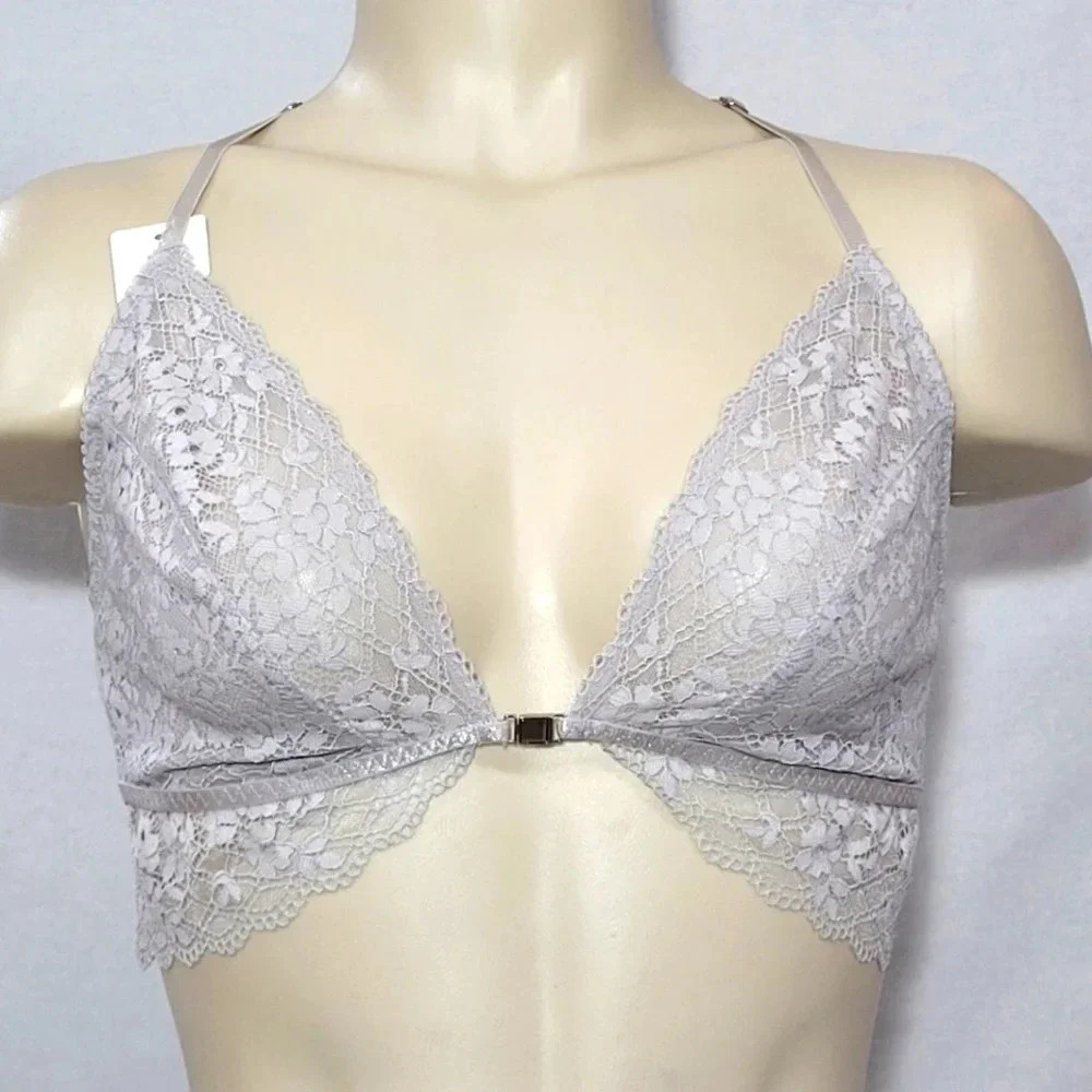 MEDIUM Gilligan O'Malley Front Close Lace Y-Back Bralette Gray NWT‎